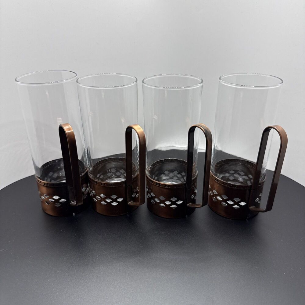 MCM Copper Cup Holders With Glass Insert Vintage Set Of 4